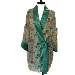 VTG Victoria's Secret Floral Satin Robe Short  Gold Label Belt One Size #H